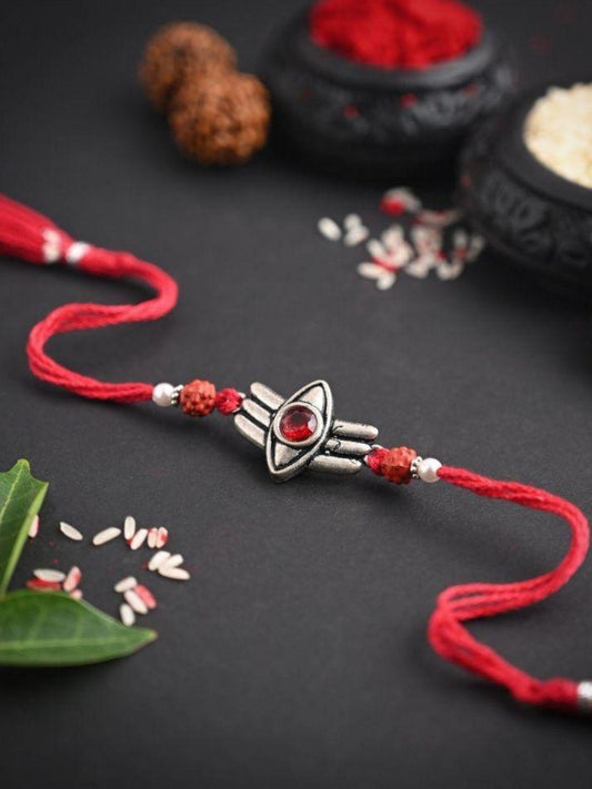 Ishhaara Red Enamel Eye Shaped German Silver Rakhi