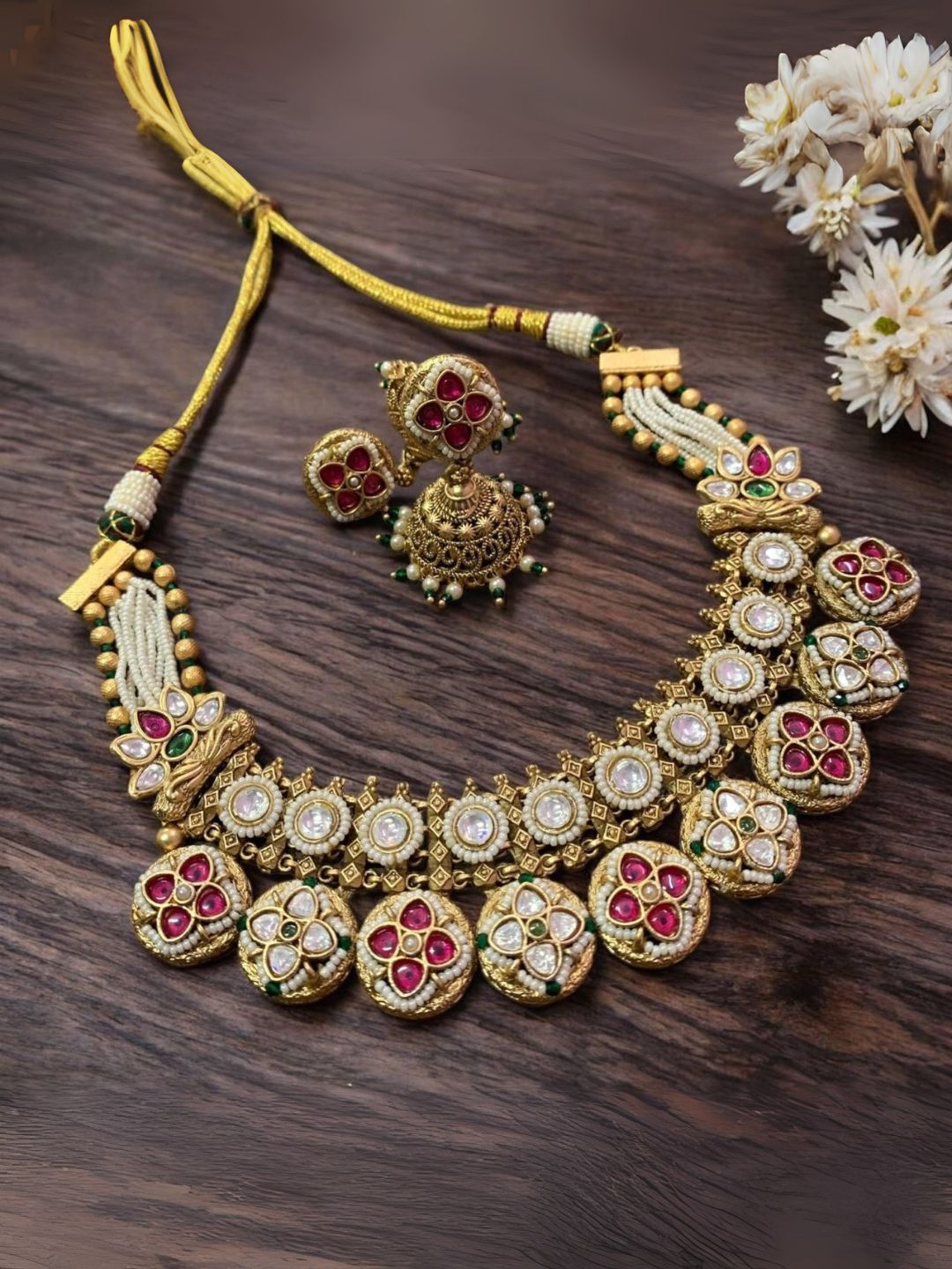 Ishhaara Red Exclusive Hand Crafted Kundan Polki Necklace Set