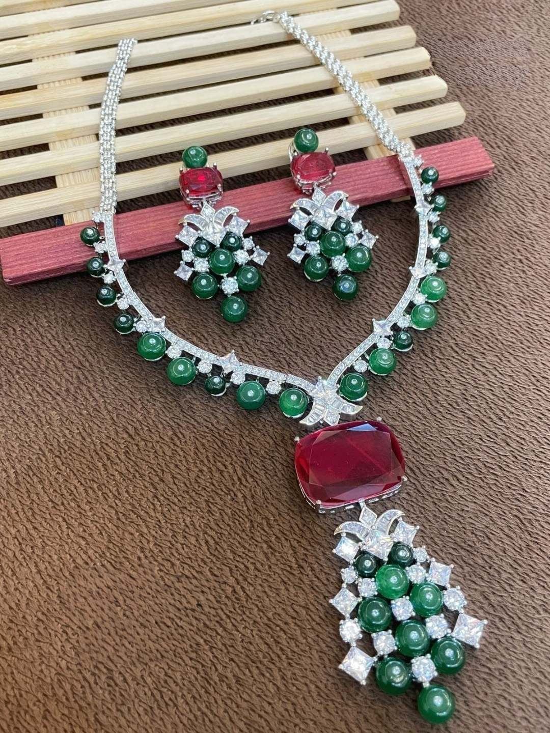 Ishhaara Red Exclusive Premium Quality Designer Statement Zirconia Necklace