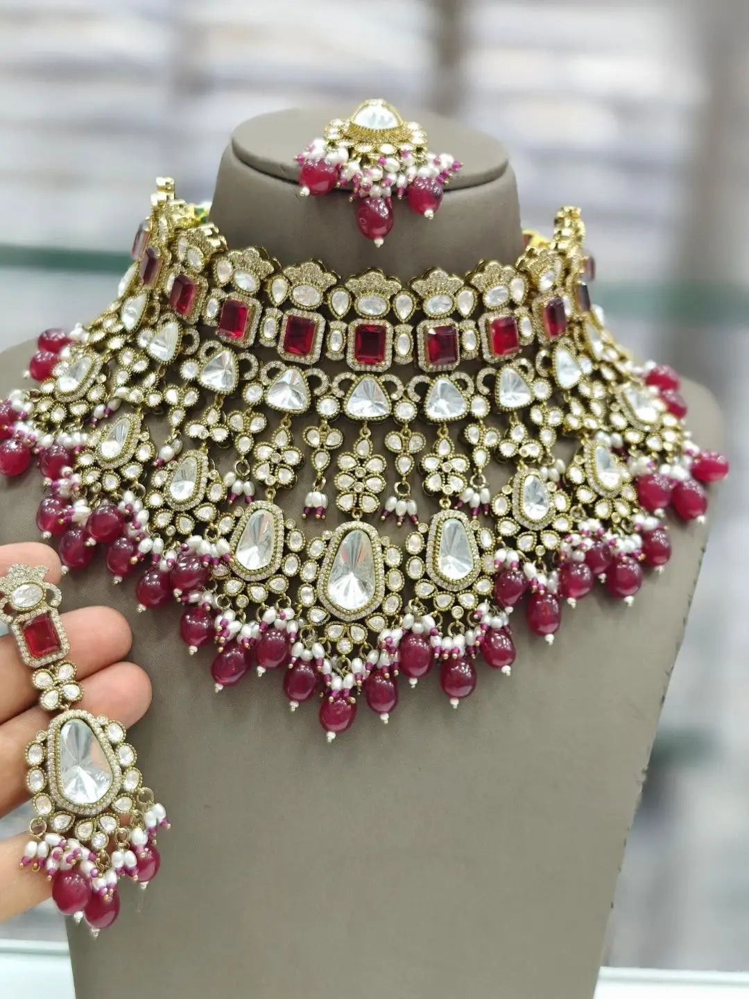 Ishhaara Green Floral Kundan Polki Emerald Drops Necklace Set