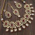 Ishhaara Red Flower AD Kundna Pentagan Hanging Necklace Earring And Teeka Set