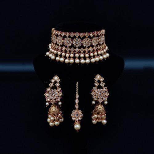 Ishhaara Flower Dual Pearl Choker Earring And Teeka Set