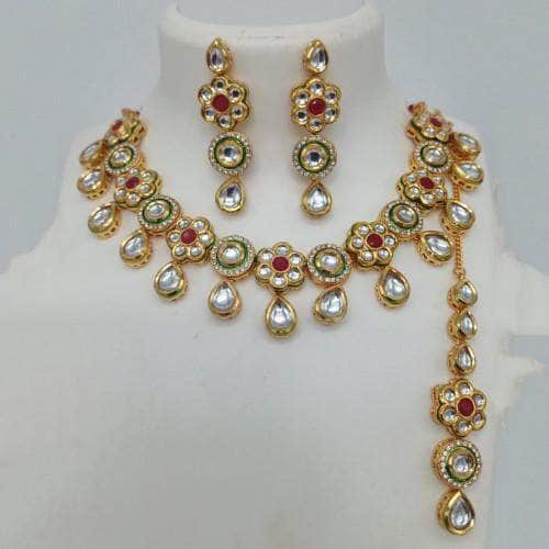 Ishhaara Red Flower Motif Kundan AD Necklace Earring And Teeka Set