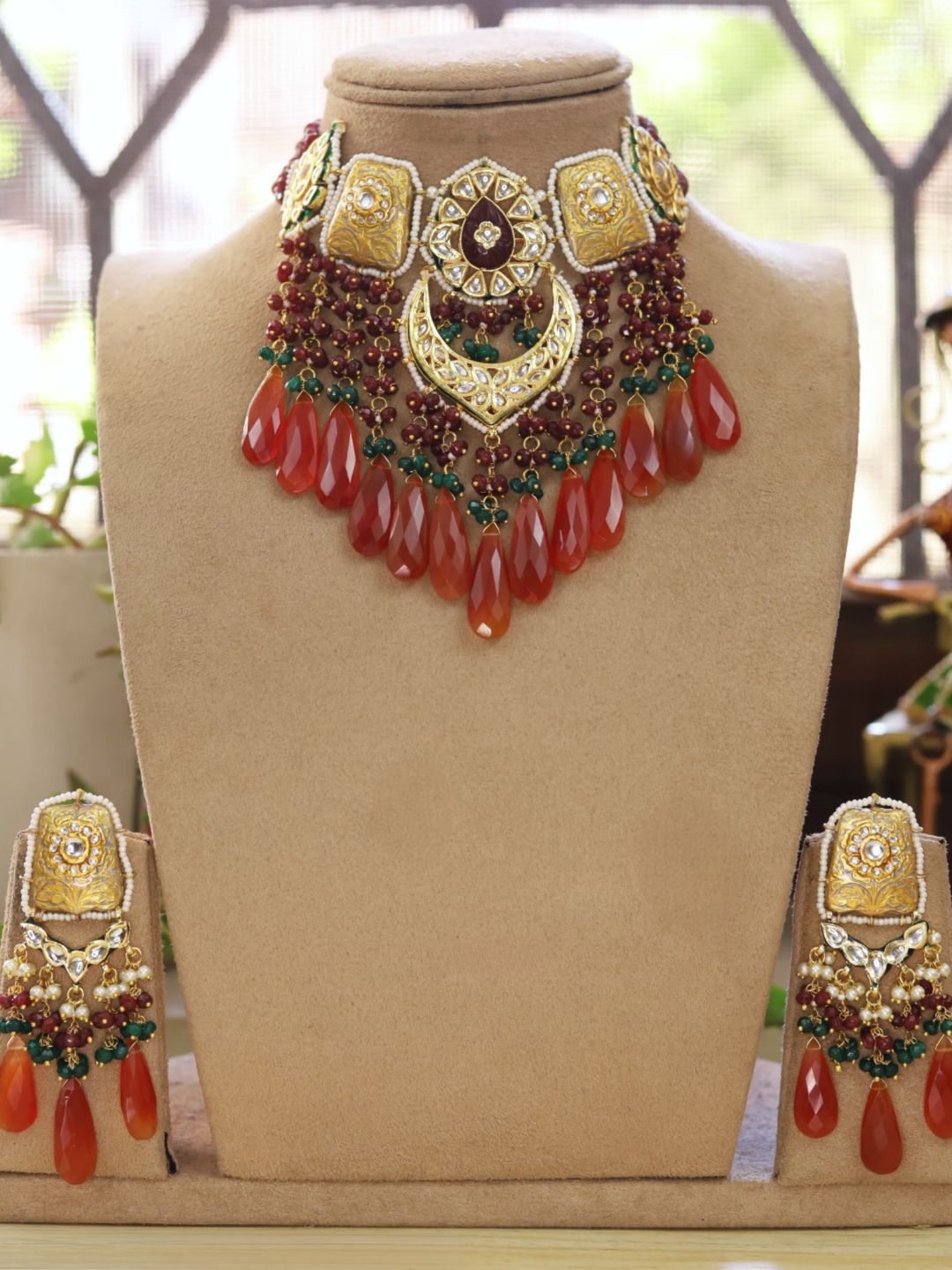 Ishhaara Red Gold Finish Agate And Semi Precious Stone Meenakari Necklace Set