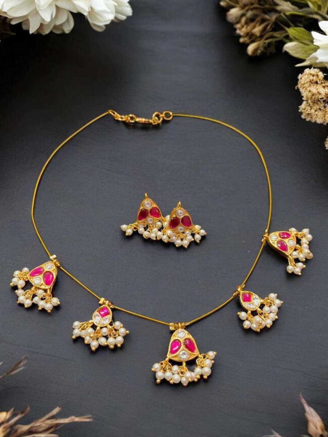 Ishhaara Red Gold Plated Cubic Zirconia Studded And Beaded Necklace