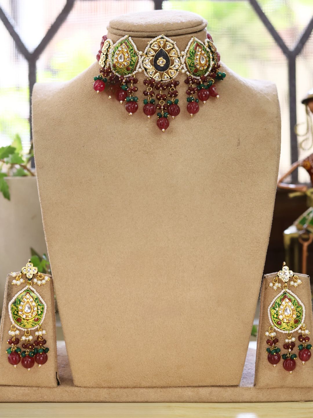 Ishhaara Red Gold Plated Pearl Beaded Stone Studded Necklace And Earrings Set