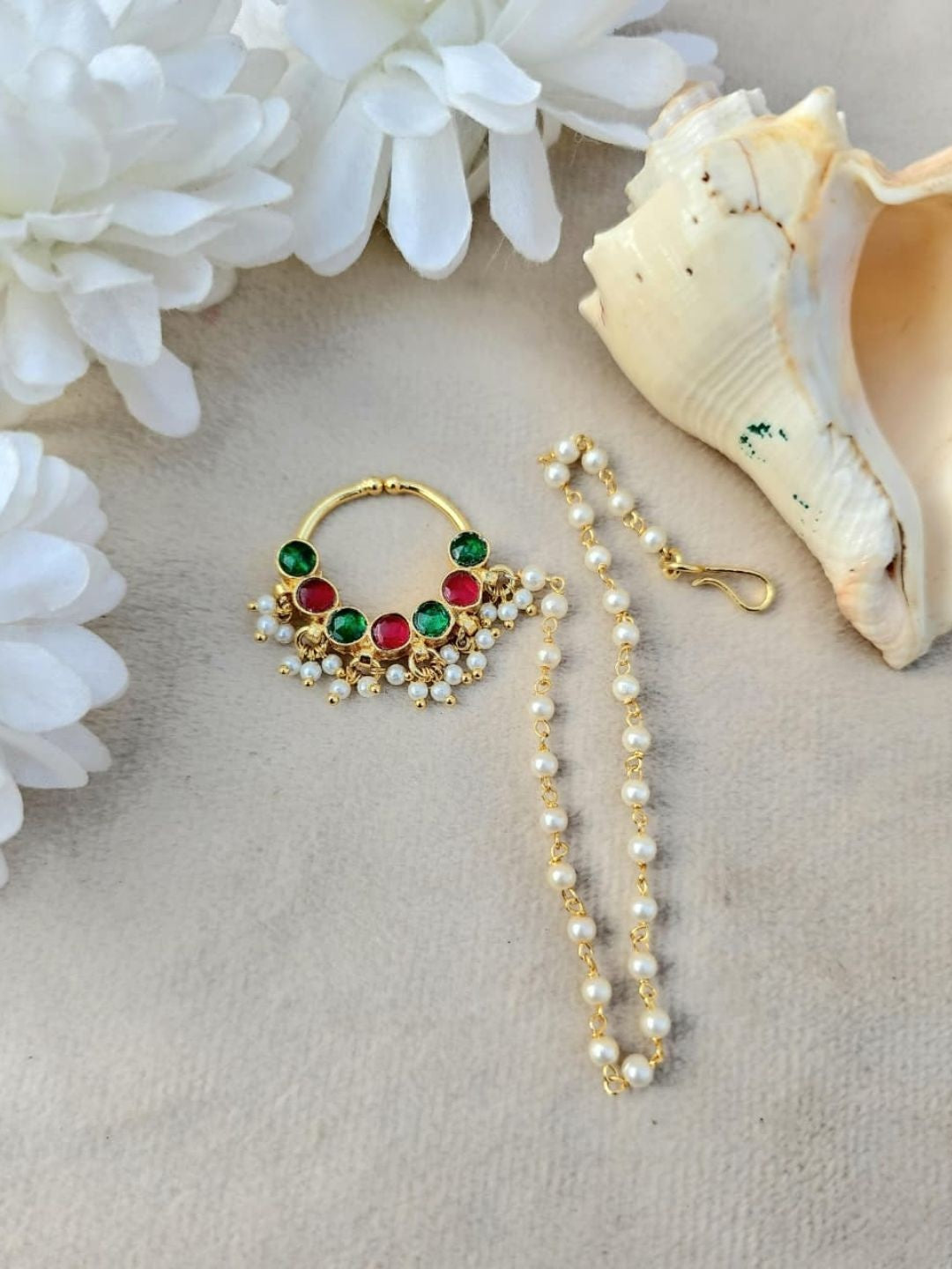 Ishhaara Red Green Kundan Nath Pearl Mala Set - handcrafted Indian jewellery