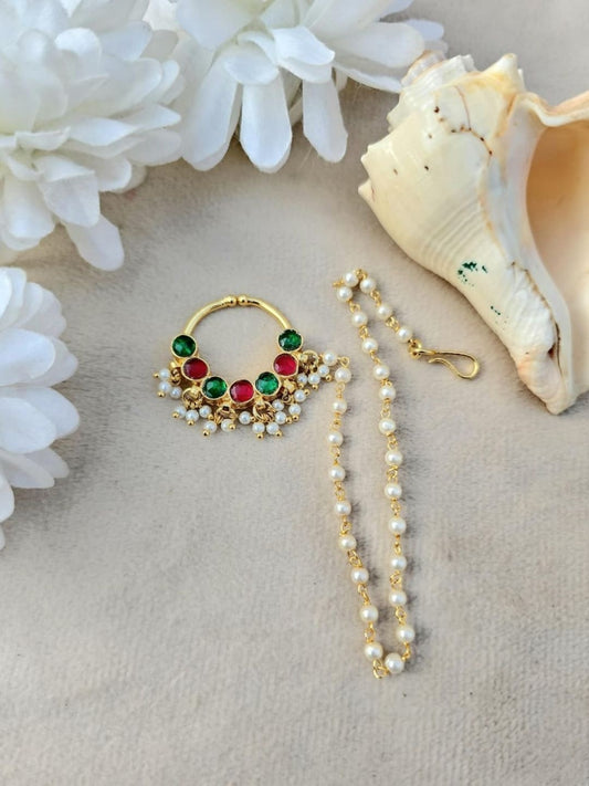 Ishhaara Red Green Kundan Nath Pearl Mala Set - handcrafted Indian jewellery