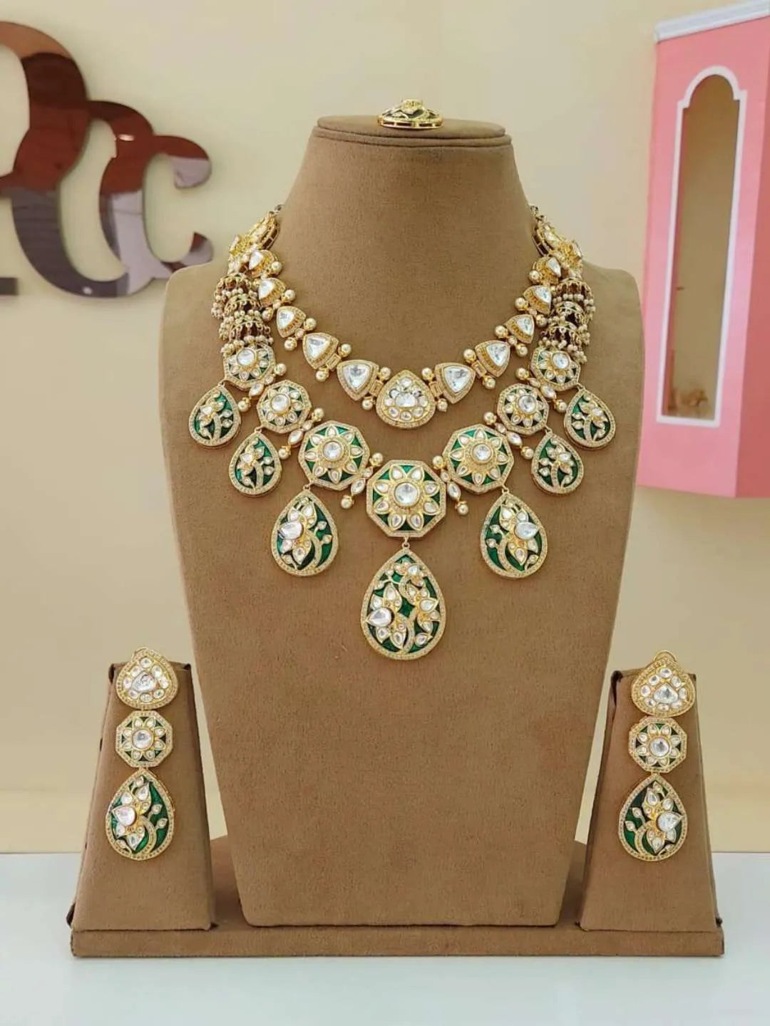 Ishhaara Red Green Layered Polki Necklace	