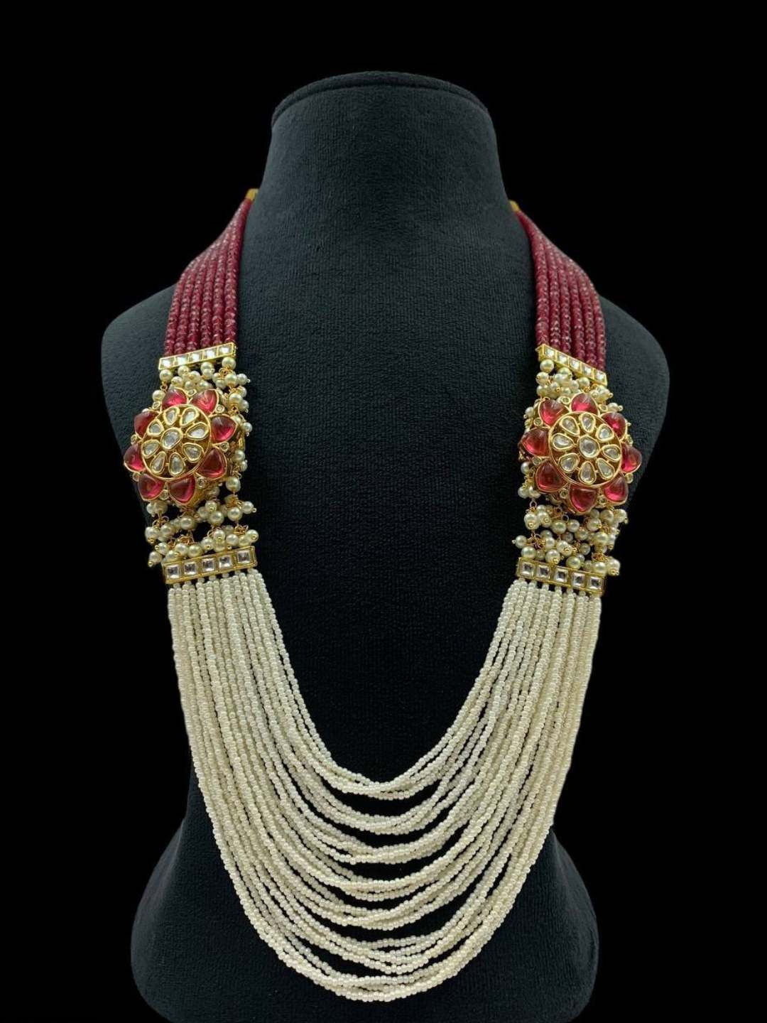 Ishhaara Red Green Pearls Stones Kundan Embellished Layered Necklace Set