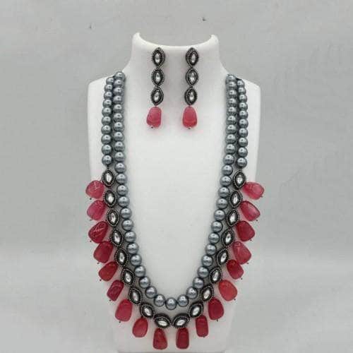 Ishhaara Red Grey Pearls Long Beaded Necklace And Earring Set