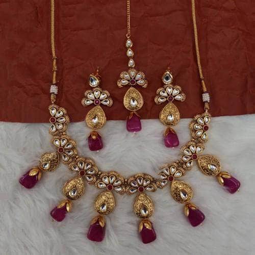 Ishhaara Red Half Flower Antique Drop Necklace Earring And Teeka Set