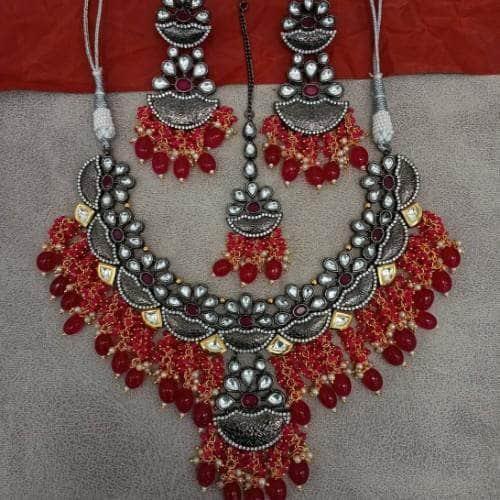 Ishhaara Half Moon Coral Tassel Necklace Earring And Teeka Set