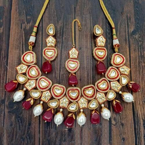 Ishhaara Red Heart Shape Kundan AD Necklace And Earring Set