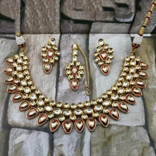 Ishhaara Red Inverted Drop Meena Outline Necklace And Earring Set
