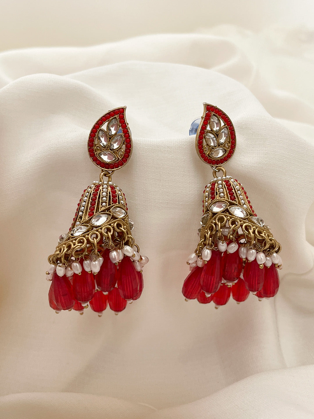 Ishhaara Red Jadau Jhumka Earring With Pearl Work