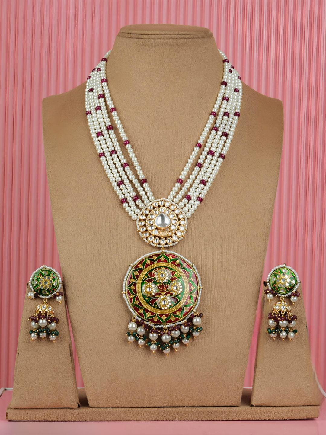 Ishhaara Red Jadau Kundan Meenakari Long Necklace Earrings Set