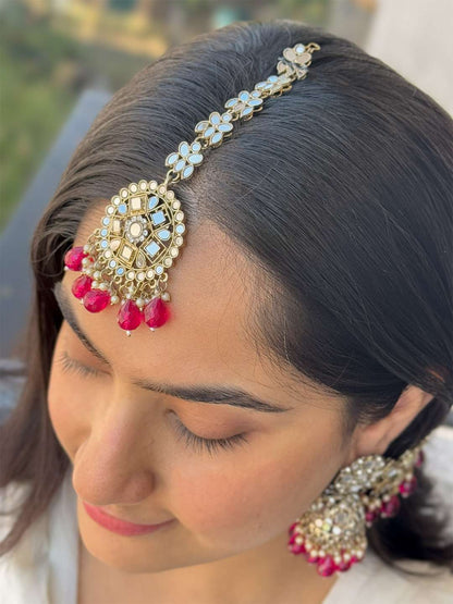 Ishhaara Red Kundan And Pearl Embellished Jhumkas With Earchain And Teeka