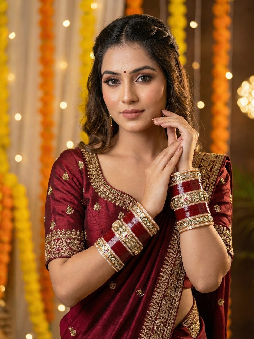 Ishhaara Red Kundan Bangle Set - a stack of red and gold bangles with intricate designs - view 3