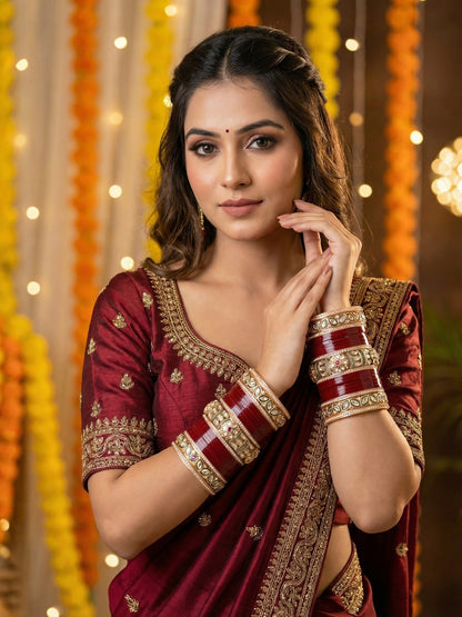 Ishhaara Red Kundan Bangle Set - a stack of red and gold bangles with intricate designs - view 3
