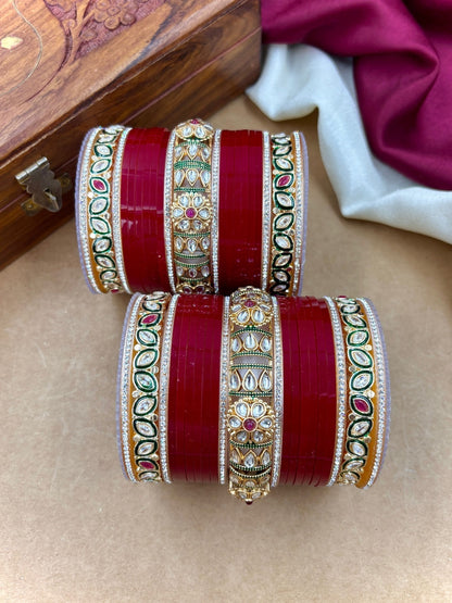 Ishhaara Red Kundan Bangle Set - a stack of red and gold bangles with intricate designs - view 4
