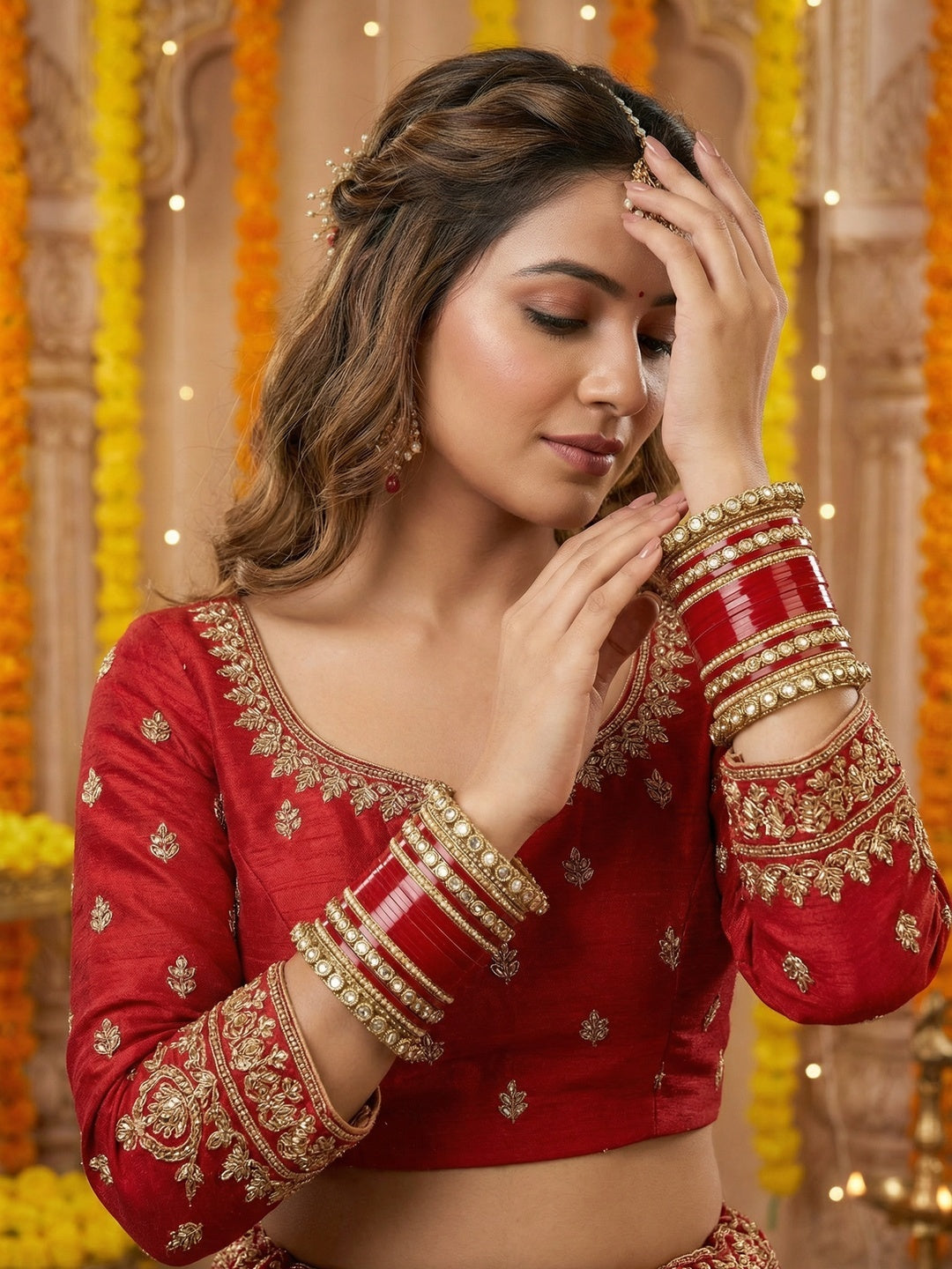 Ishhaara Red Kundan Bangle Set - a collection of red and gold bangles with intricate designs and stones - view 5