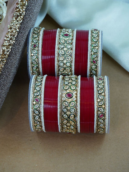 Ishhaara Red Kundan Bangle Set - a stack of red and gold bangles with intricate Kundan designs - view 2