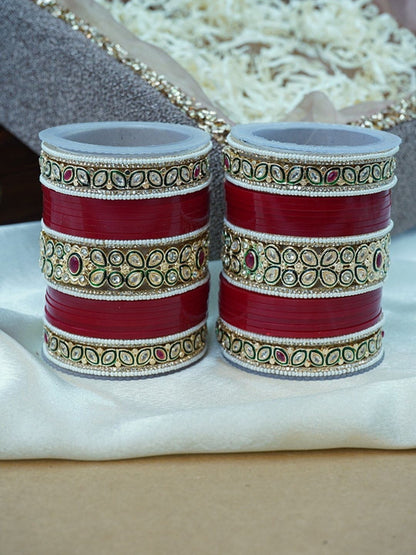 Ishhaara Red Kundan Bangle Set - a stack of red and gold bangles with intricate Kundan designs - view 3
