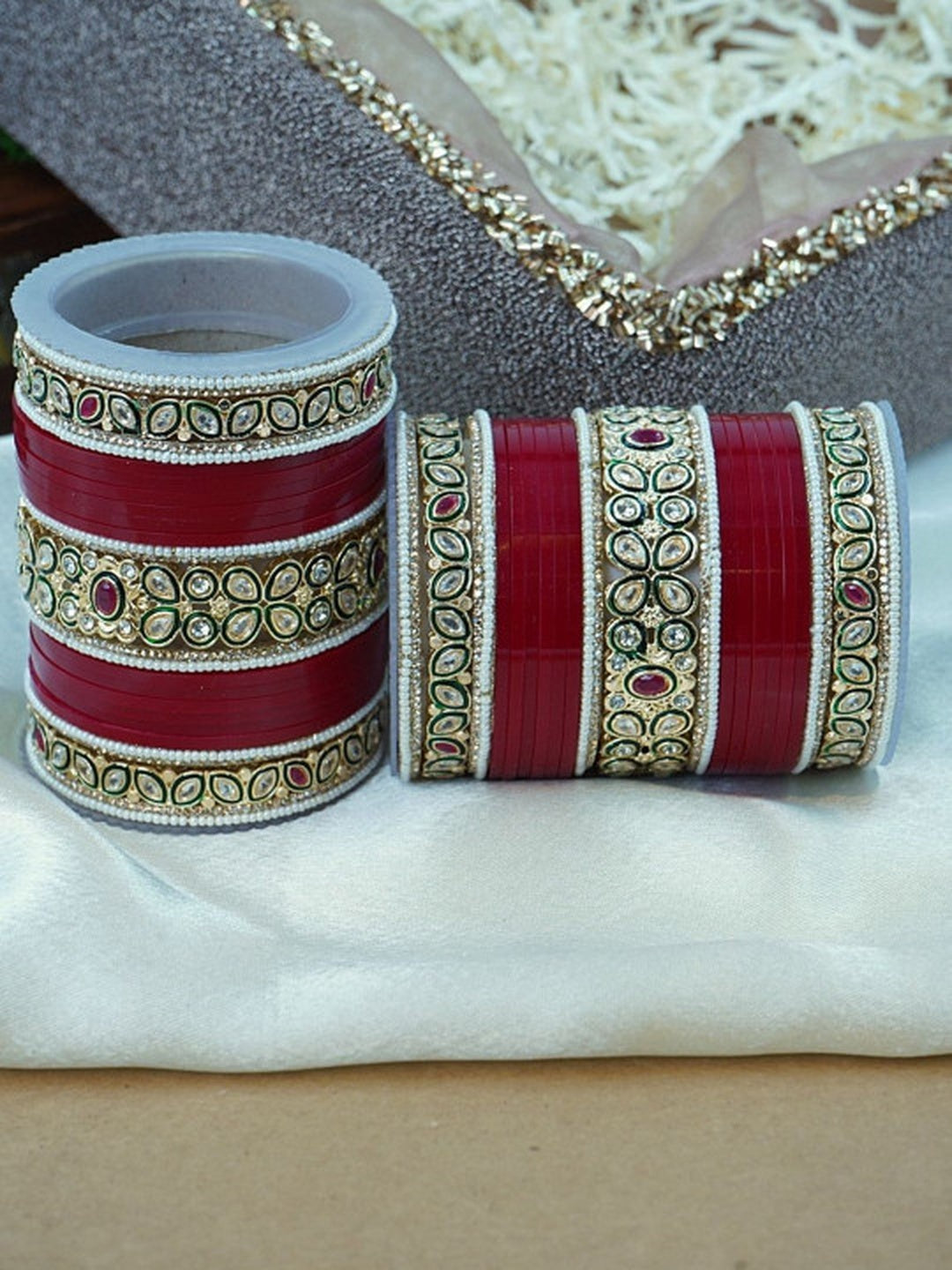 Ishhaara Red Kundan Bangle Set - a stack of red and gold bangles with intricate Kundan designs - view 4