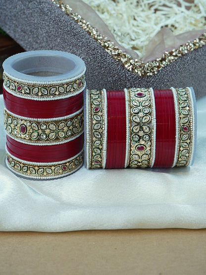 Ishhaara Red Kundan Bangle Set - a stack of red and gold bangles with intricate Kundan designs - view 4