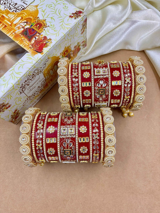 Ishhaara Red Kundan Bangle Set - traditional Indian jewelry with intricate designs and high-quality stones