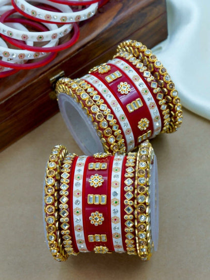 Ishhaara Red Kundan Bangle Set - traditional Indian jewelry with intricate designs and premium stones