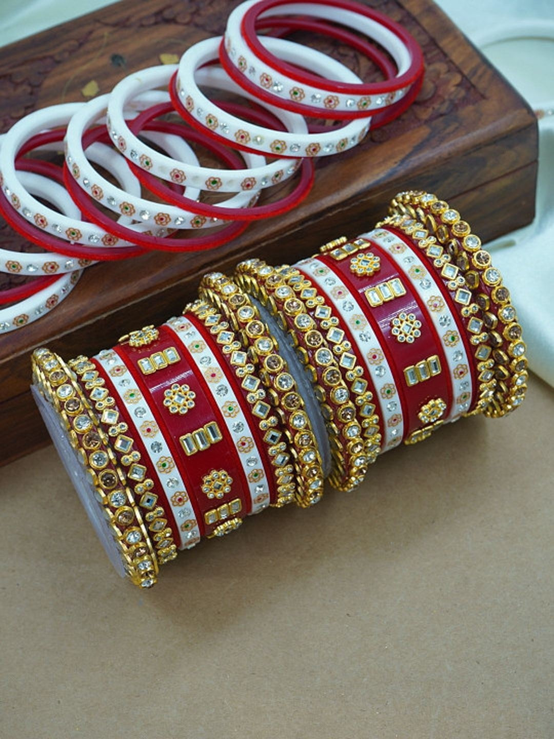 Ishhaara Red Kundan Bangle Set - traditional Indian jewelry with intricate designs and premium stones - view 3