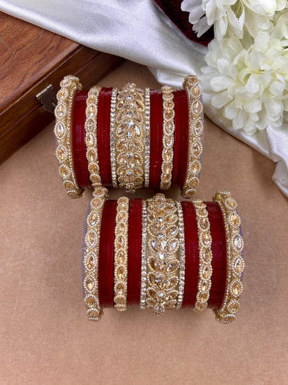 Ishhaara Red Kundan Bangle Set - a stack of red and gold bangles with intricate designs - view 2