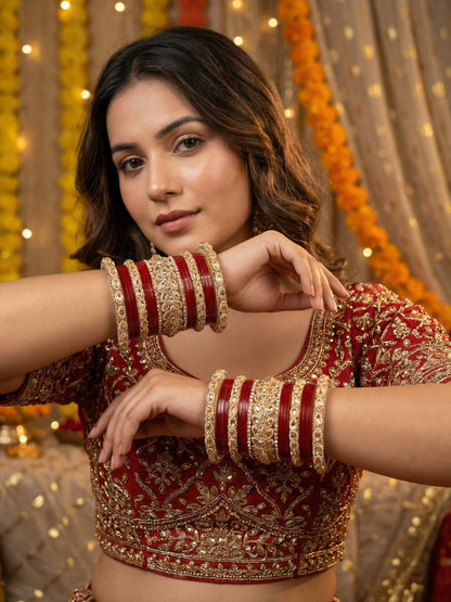 Ishhaara Red Kundan Bangle Set - a stack of red and gold bangles with intricate designs - view 5
