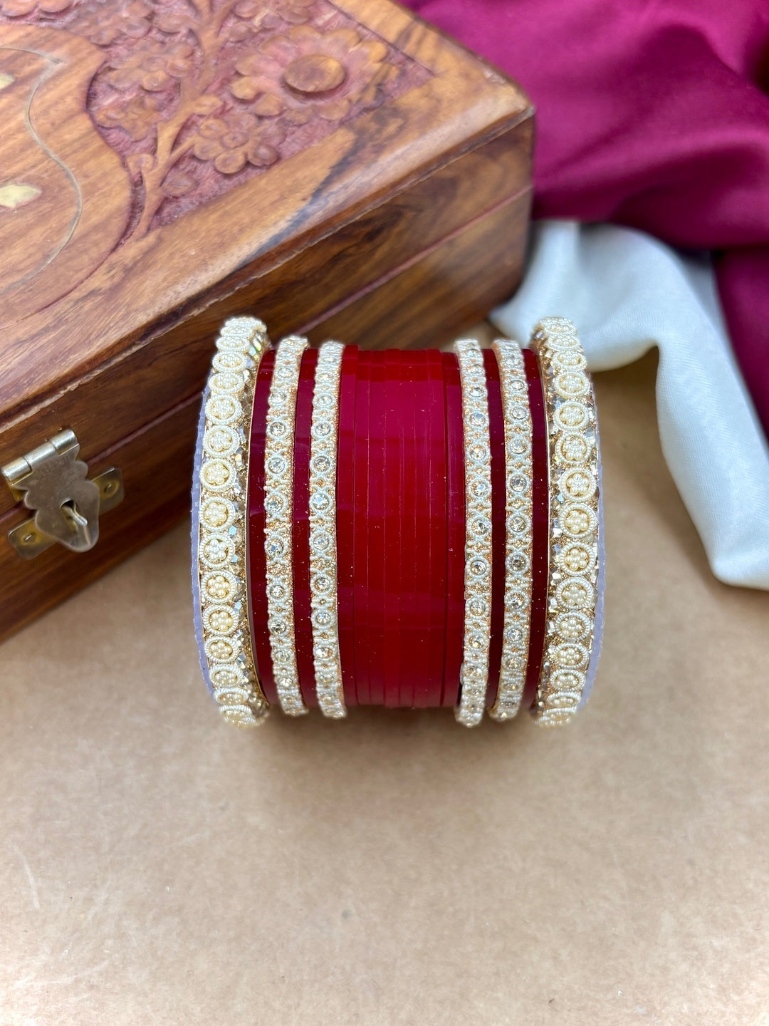 Ishhaara Red Kundan Bangles Set CM-HB51 - A pair of intricately designed red bangles with stone-studded detailing - view 2