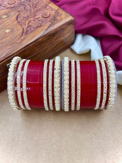 Ishhaara Red Kundan Bangles Set CM-HB51 - A pair of intricately designed red bangles with stone-studded detailing - view 4