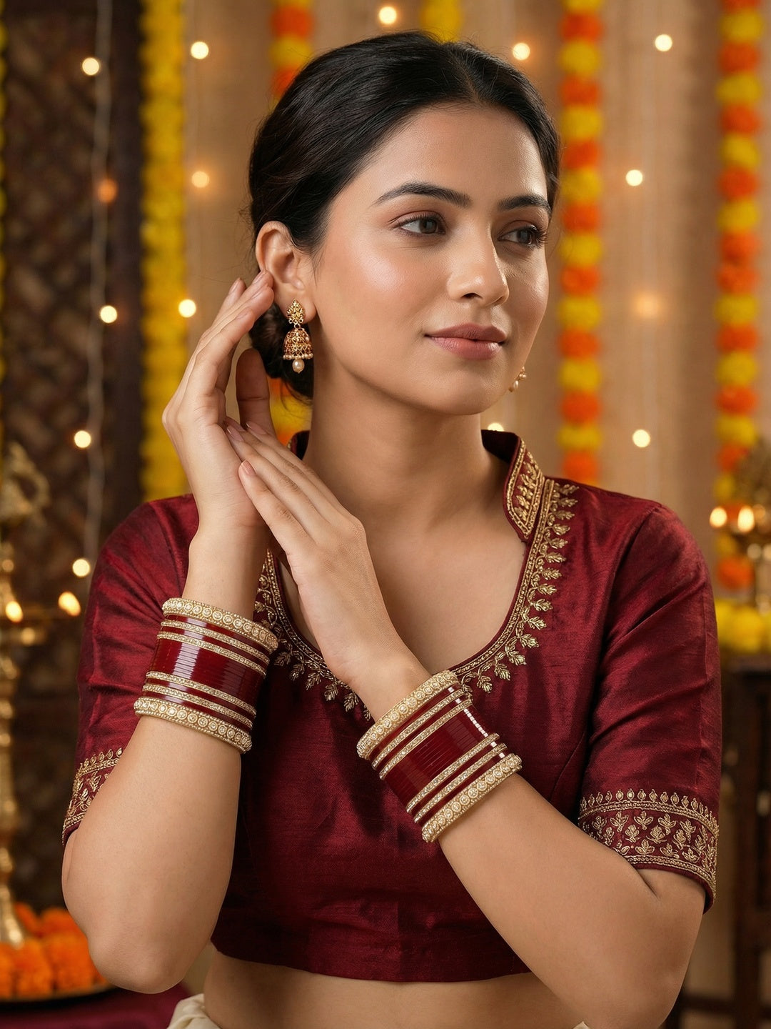 Ishhaara Red Kundan Bangles Set CM-HB51 - A pair of intricately designed red bangles with stone-studded detailing - view 5