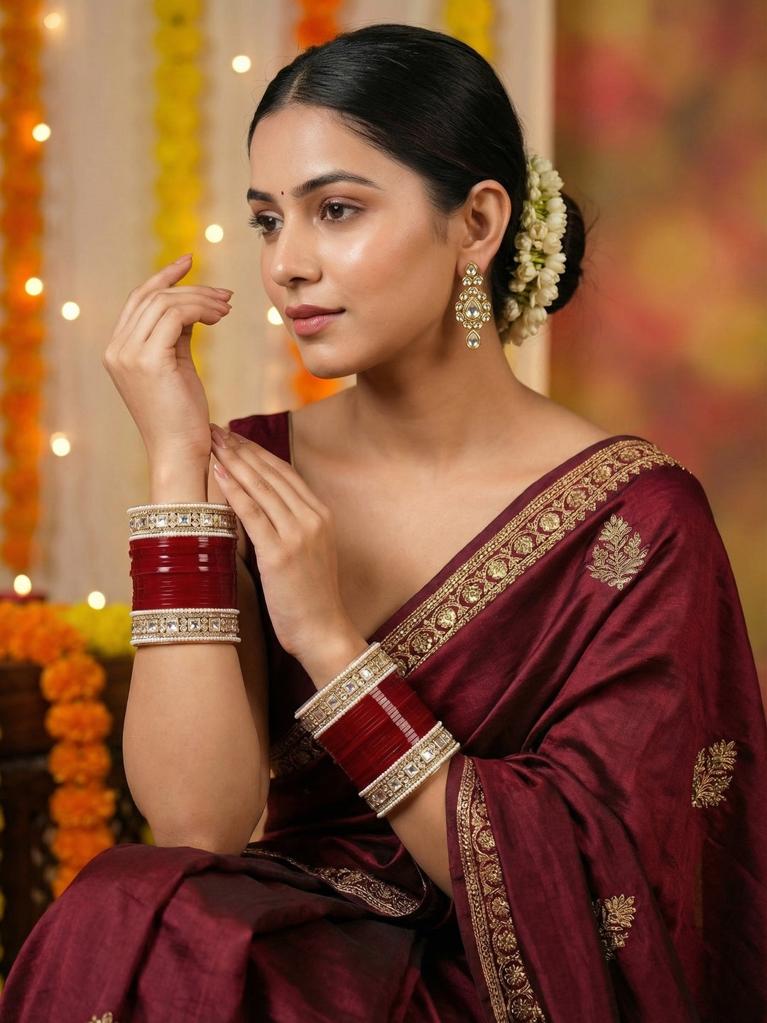 Ishhaara Red Kundan Bangles Set For Women - view 3