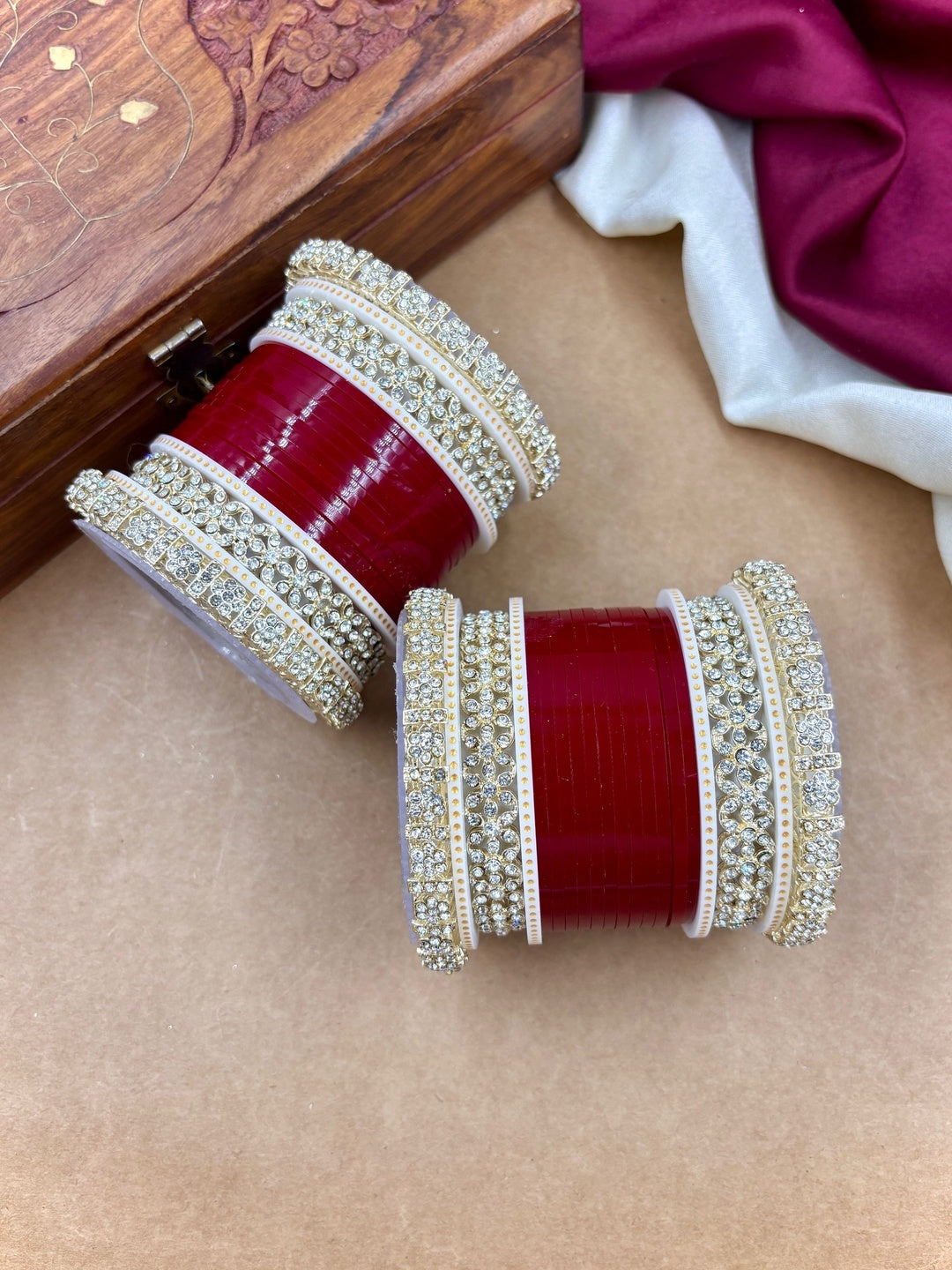 Ishhaara Red Kundan Bangles Set - traditional Indian jewelry with intricate designs and sparkling stones - view 3