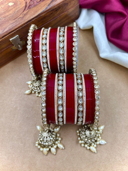 Ishhaara Red Kundan Bangles with Pearls - traditional Indian jewelry