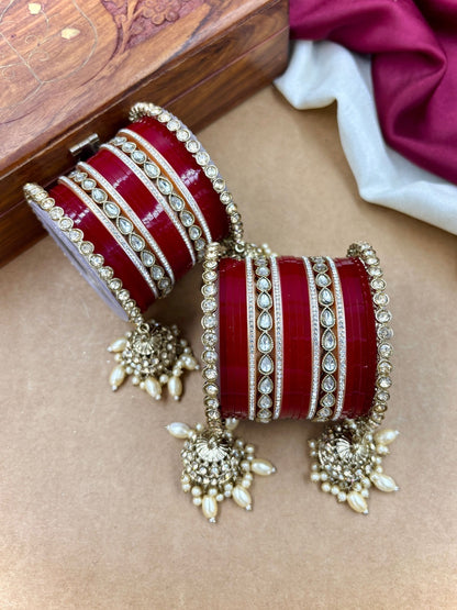 Ishhaara Red Kundan Bangles with Pearls - traditional Indian jewelry - view 2