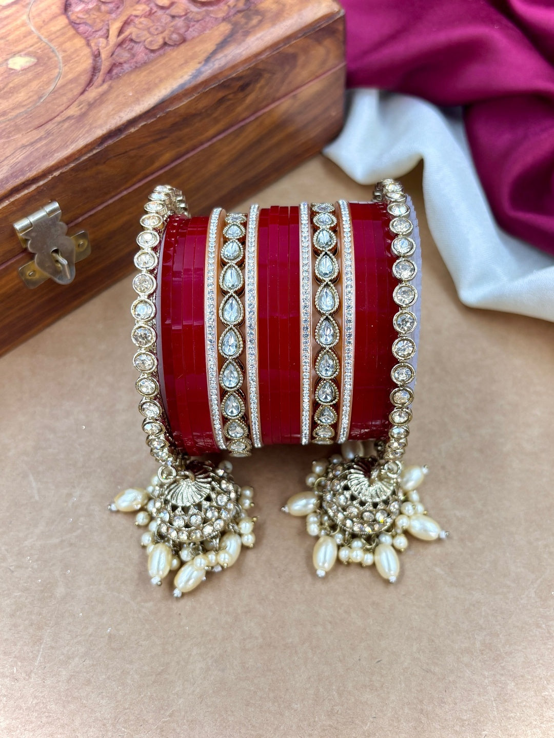 Ishhaara Red Kundan Bangles with Pearls - traditional Indian jewelry - view 3