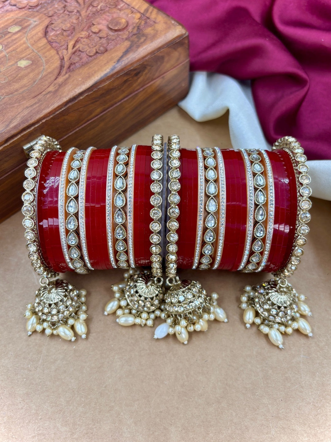 Ishhaara Red Kundan Bangles with Pearls - traditional Indian jewelry - view 4