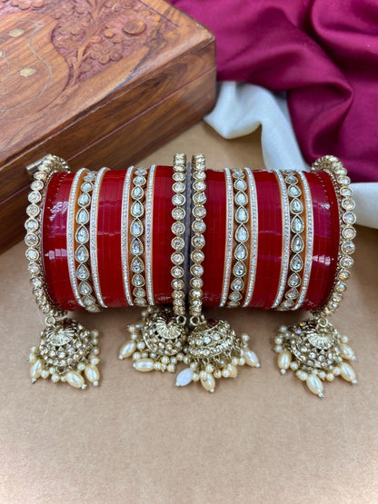 Ishhaara Red Kundan Bangles with Pearls - traditional Indian jewelry - view 4