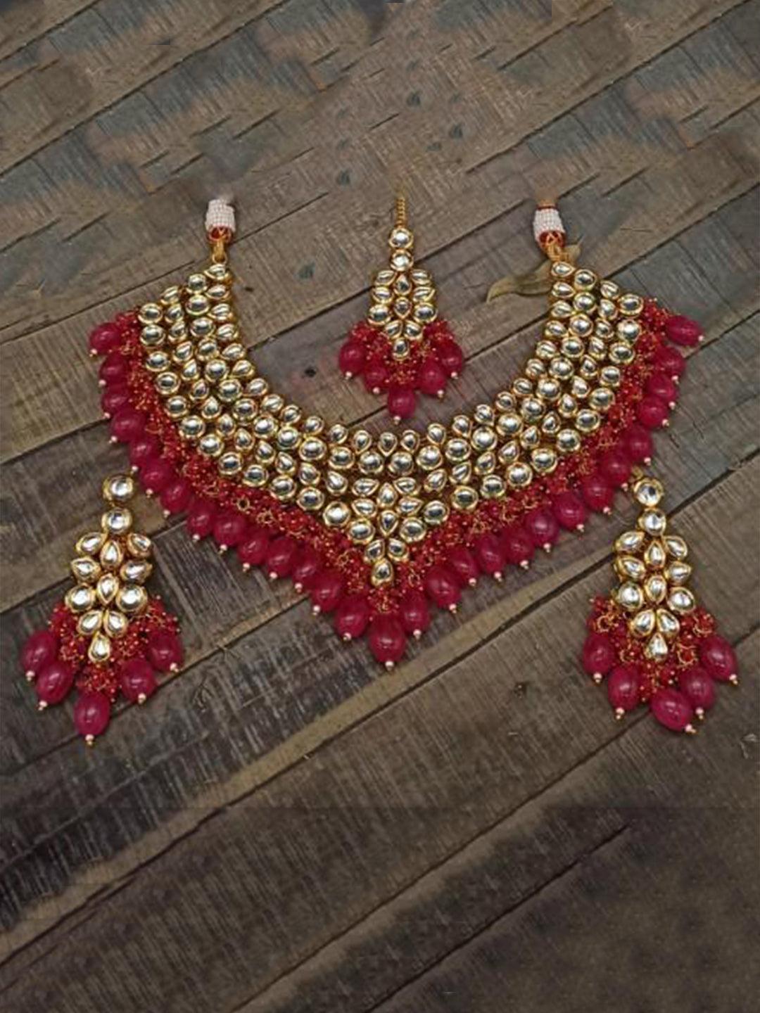 Ishhaara Red Kundan Beads Fine Necklace Earring And Teeka Set
