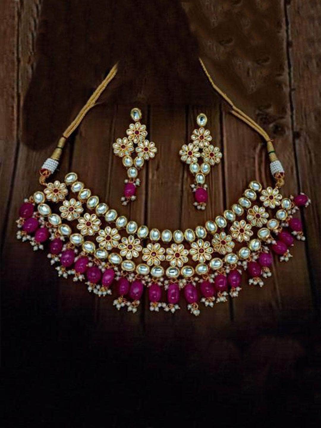 Ishhaara Red Kundan Flower Motif Outline Necklace And Earring Set
