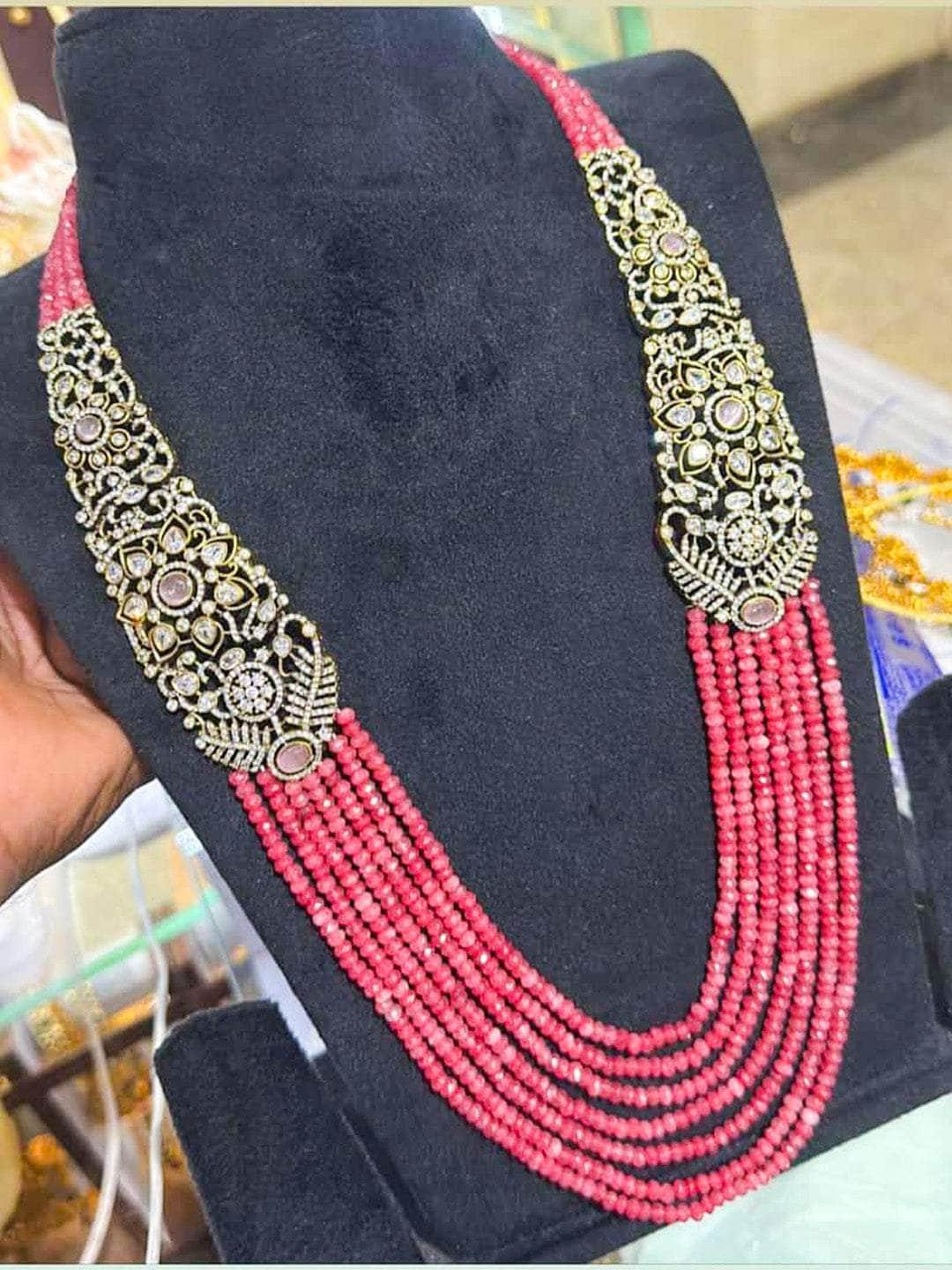 Ishhaara Red Kundan Long Beeded Necklace Set