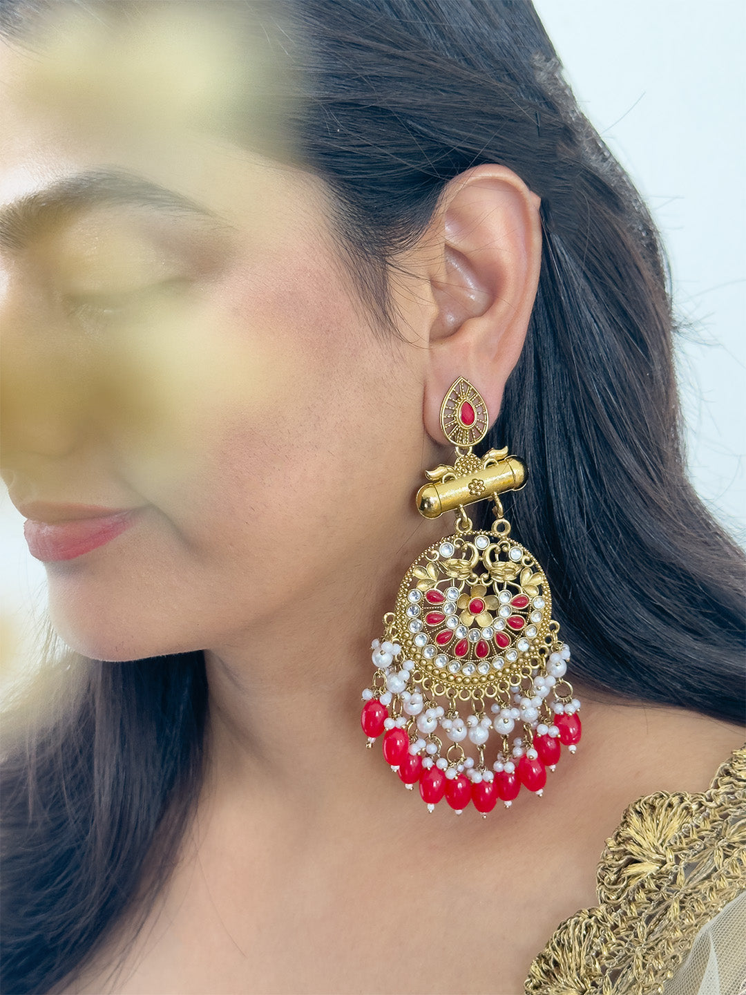 Ishhaara Red Kundan Long Designer Chandbali Earrings