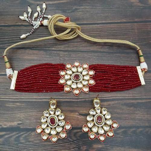 Ishhaara Red Kundan Meena Choker Necklace Set